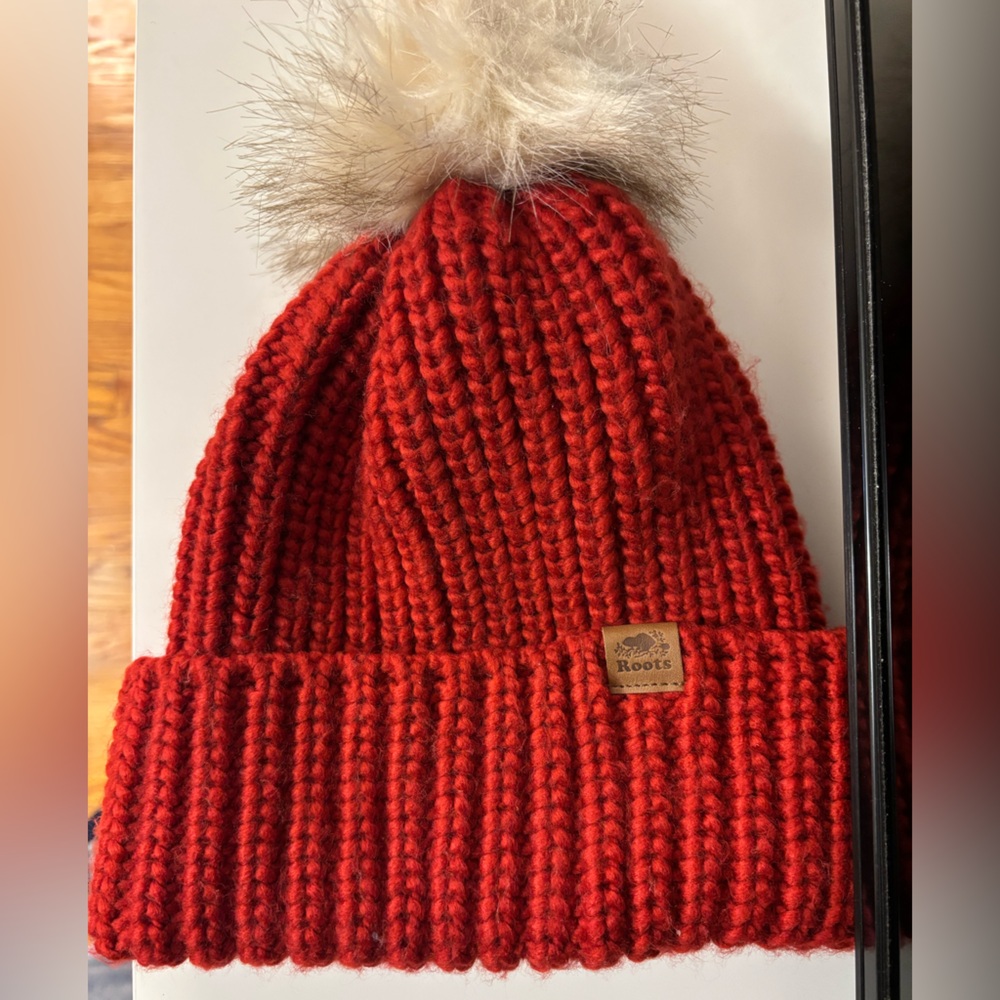 Roots Red Knit Beanie with Faux Fur Pom